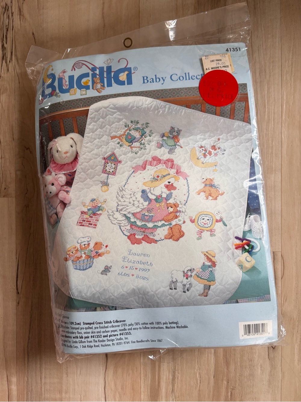 Vintage 1996 Bucilla ‘Mother Goose’ Stamped Cross Stitch Cribcover Kit NWT